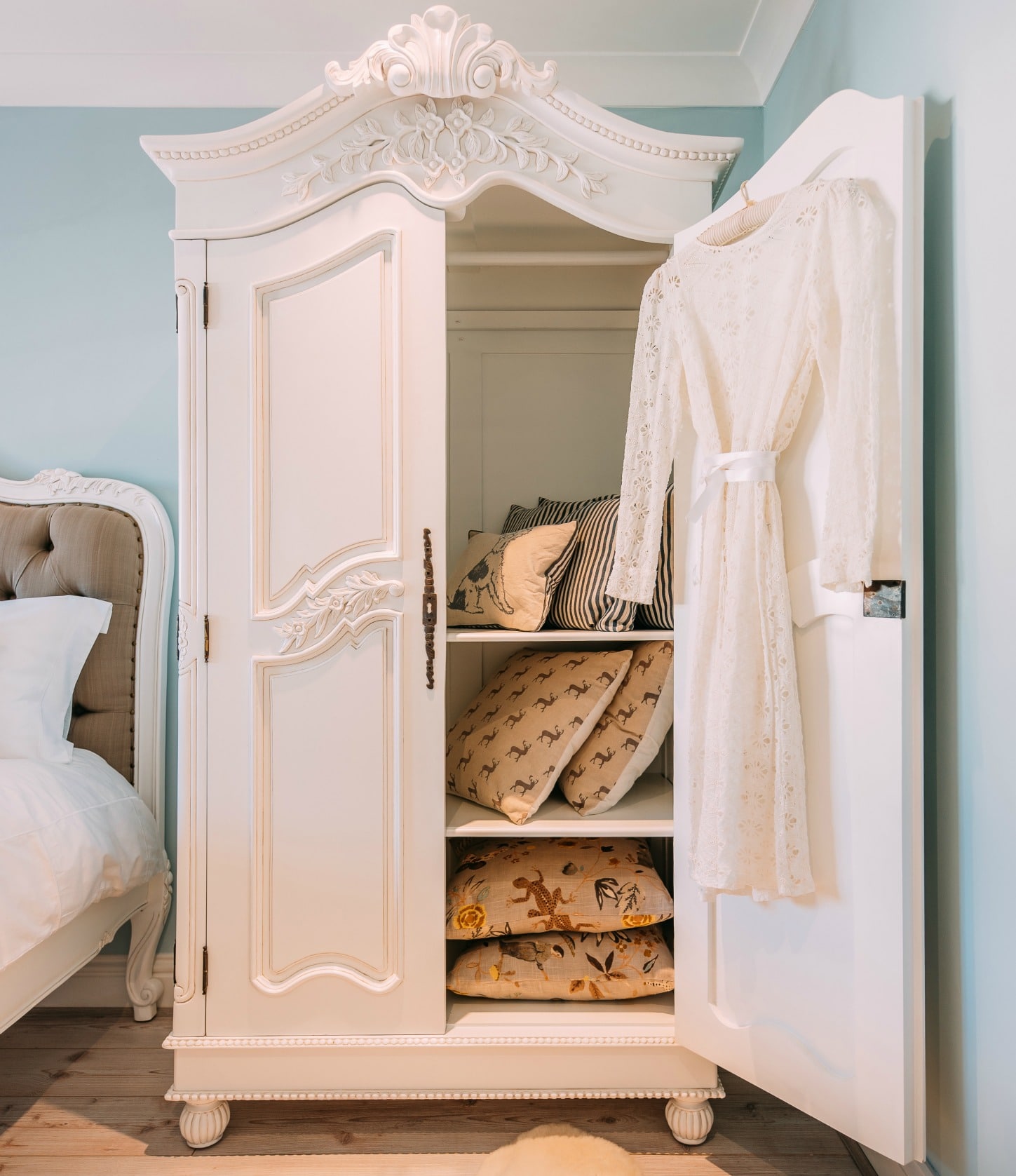 French White Hand Carved Double Armoire Wardrobe La Maison Chic