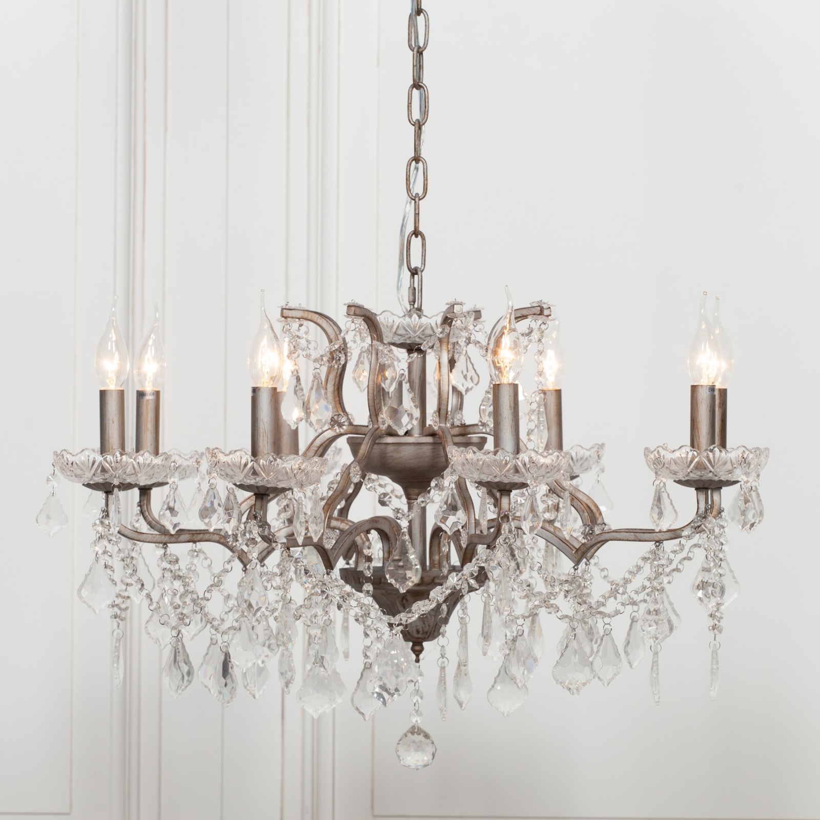 8 Branch Antique Silver Shallow Cut Glass Chandelier