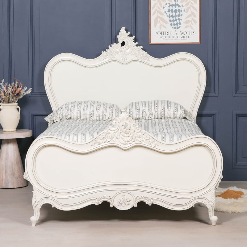 4ft6 Chateau Solid Wooden Mahogany Off White Painted French Bed French Bed UK