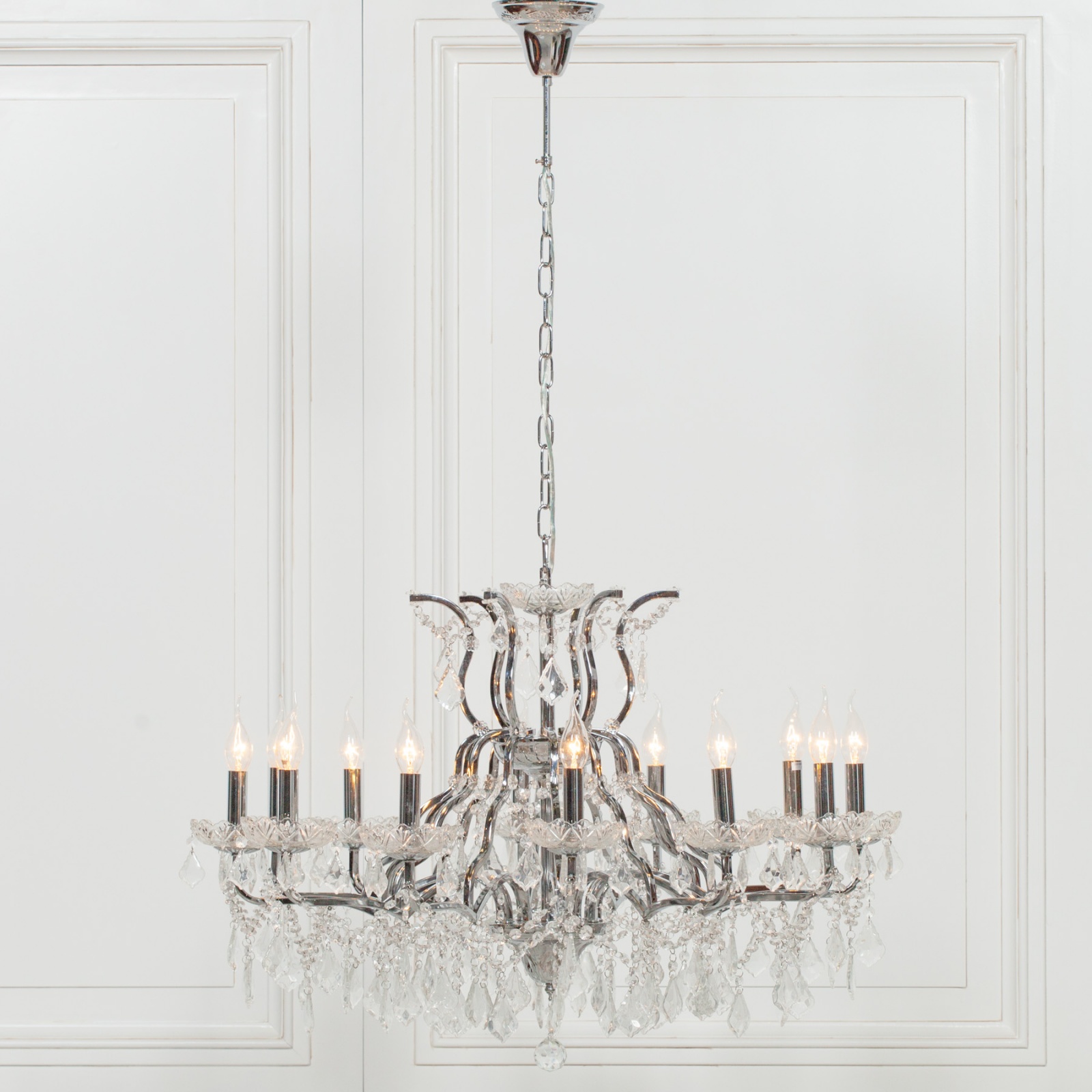 12 Arm Large Chrome Shallow Cut Glass Chandelier 12 Arm Large Chrome Shallow Cut Glass Chandelier