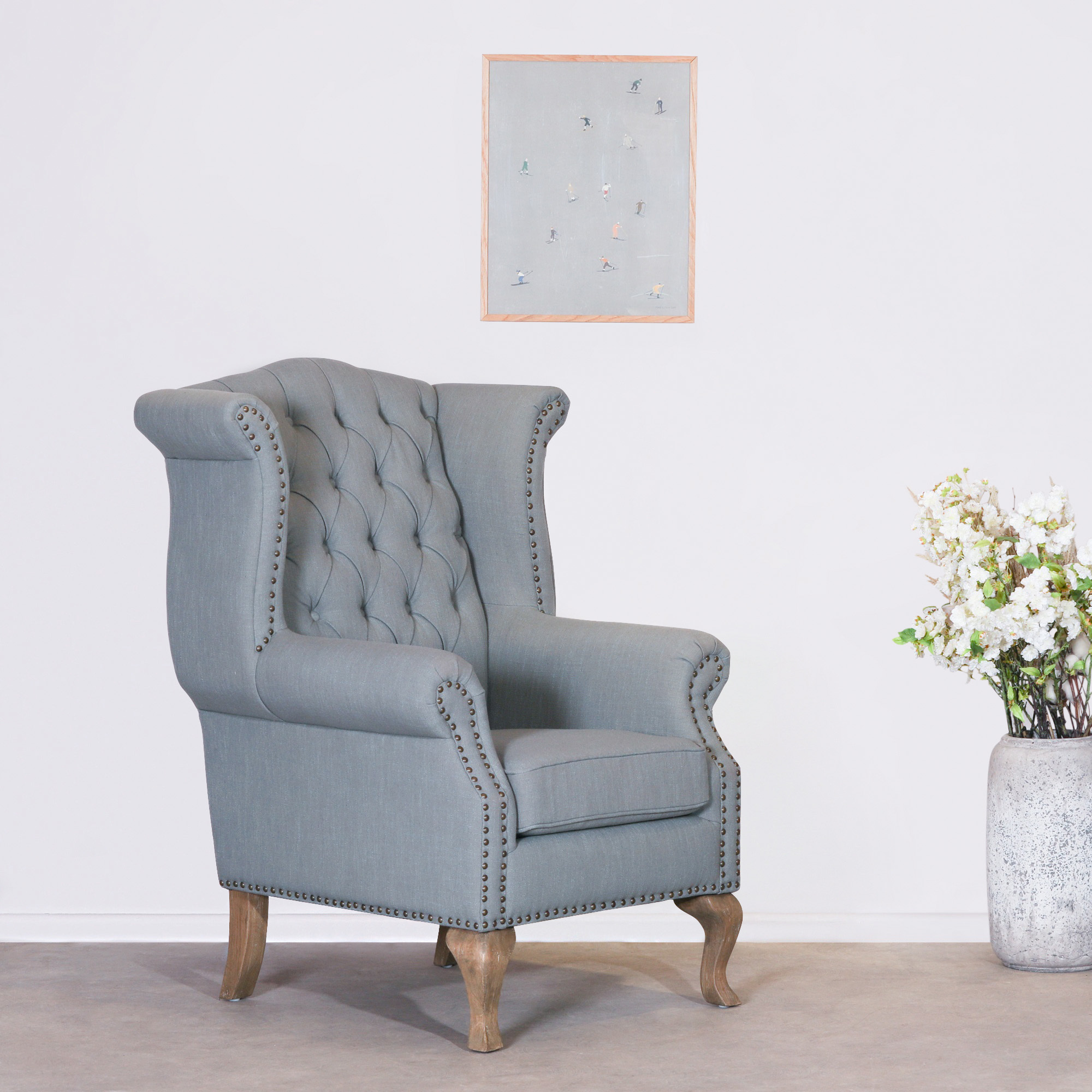 Grey Armchair With Buttoned Back And Studs And Studs UK