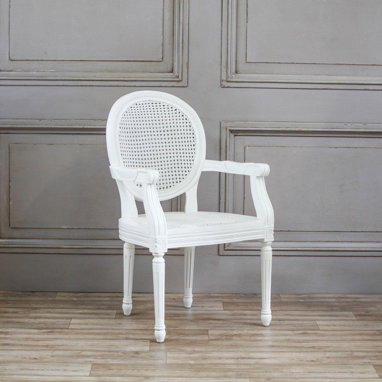 French Chateau White Rattan Dining / Bedroom Arm Chair Furniture La Maison Chic Luxury Interiors