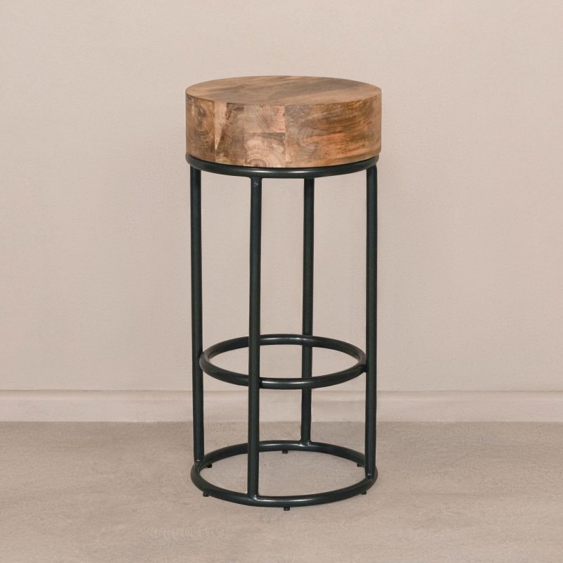 Metal Industrial Style Black Round Bar Stool With Chunky Wood Top Wood Top UK