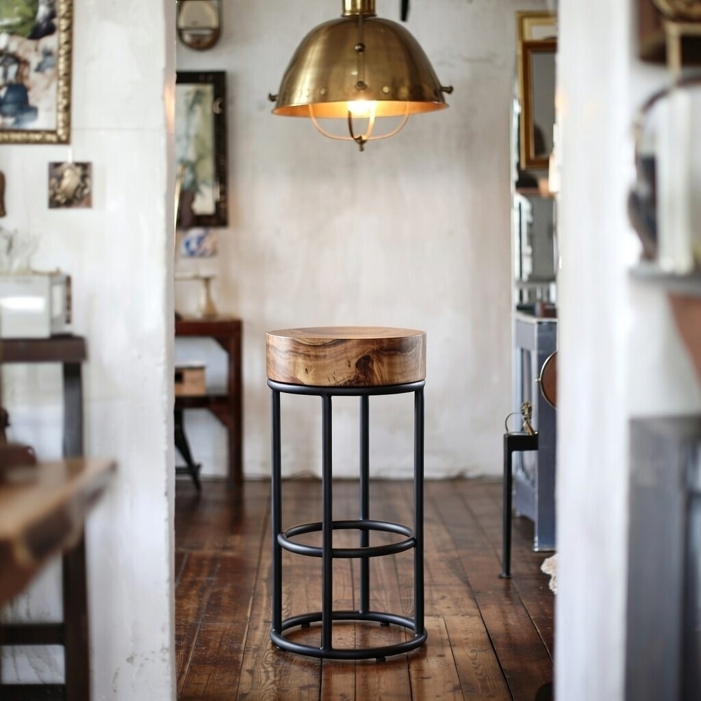 Metal Industrial Style Black Round Bar Stool With Chunky Wood Top Wood Top UK
