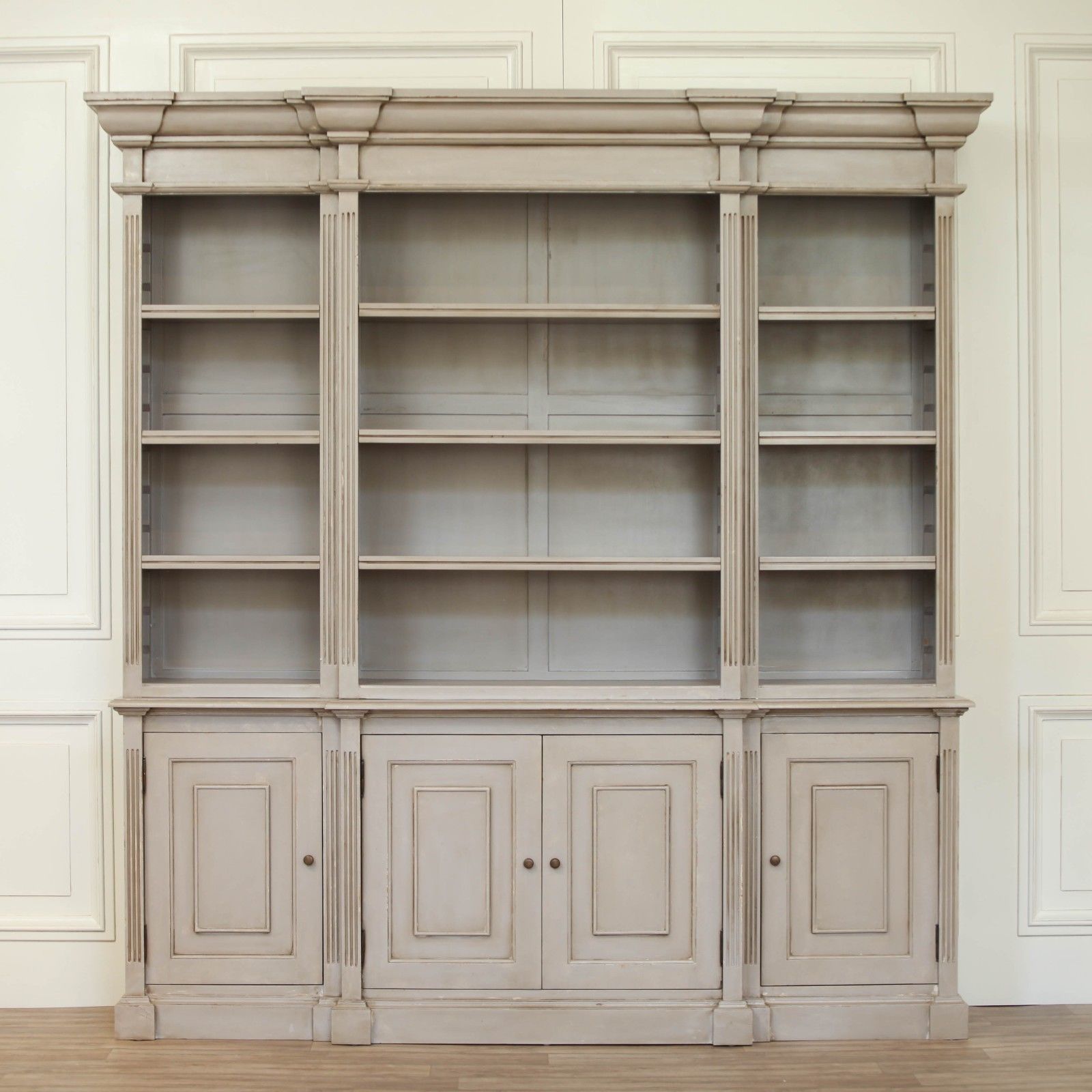 Ambroise Large Breakfront Distressed Painted Grey Dresser Bookcase