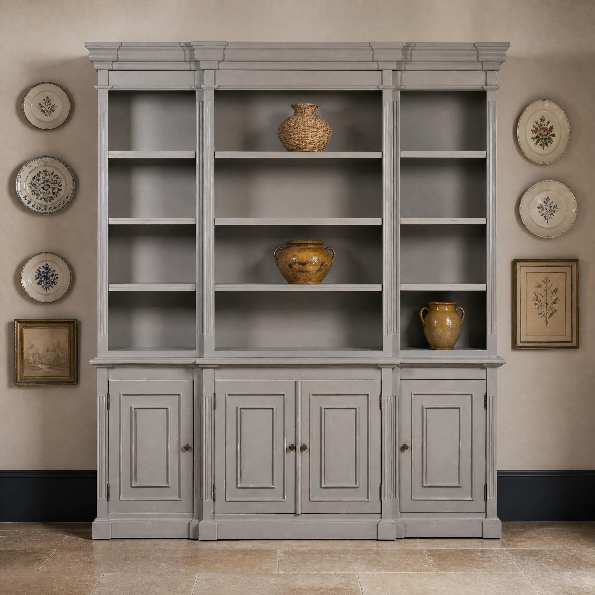Ambroise Large Breakfront Distressed Painted Grey Dresser Bookcase Dresser Bookcase UK