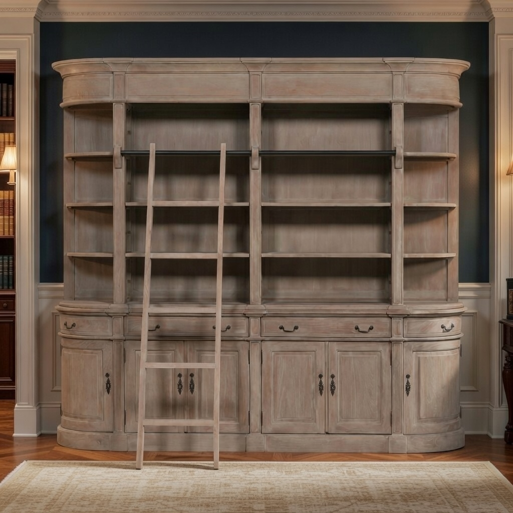 Aged Carved Wooden Large Rivieren Bookcase with Ladder with Ladder UK