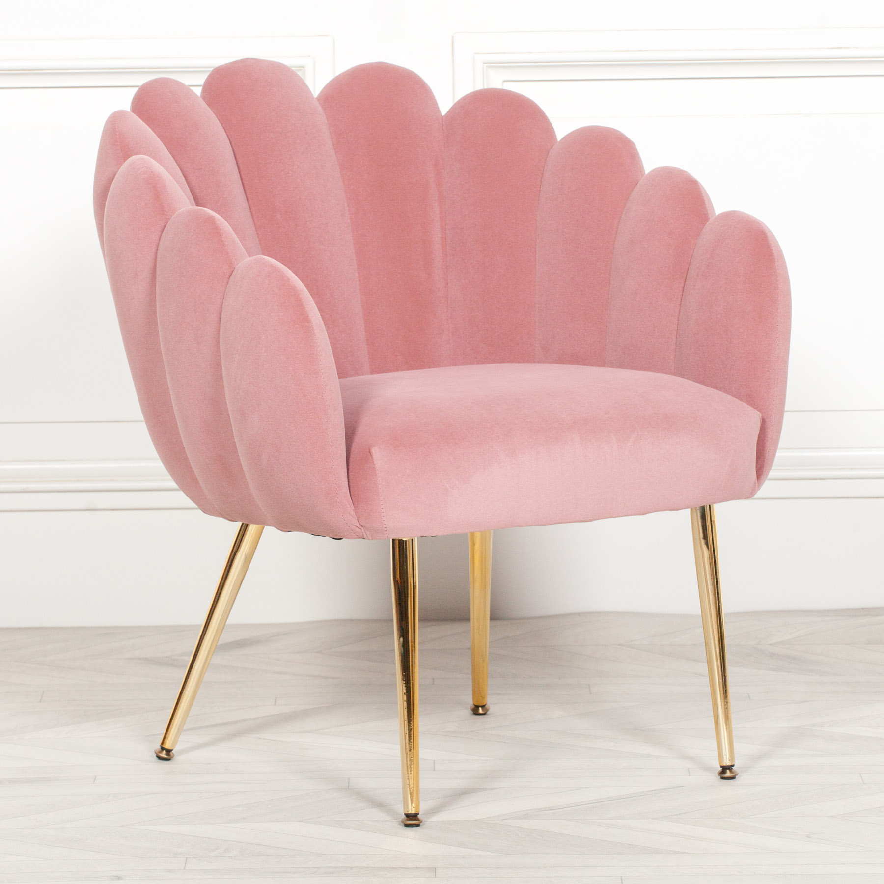 aurora art deco pink velvet scalloped occasional chair gold legs shell  armchair