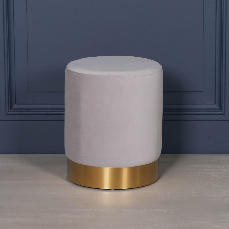 Amour Light Grey Velvet Pouffe Gold Trim Round Stool Ottoman Stool Ottoman UK