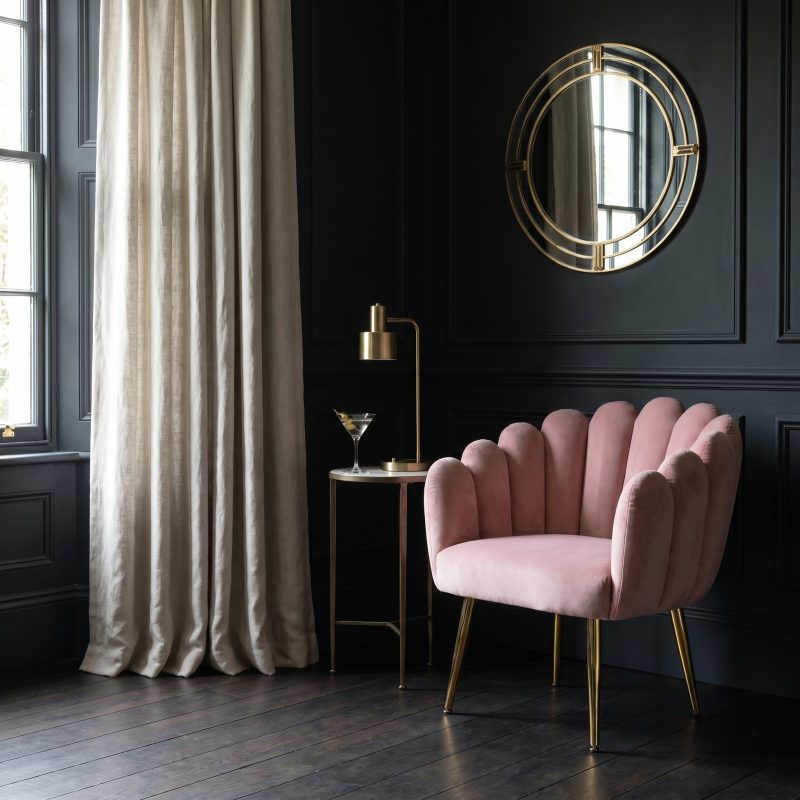 Aurora Art Deco Pink Velvet Scalloped Occasional Chair Gold Legs Shell Armchair Shell Armchair UK