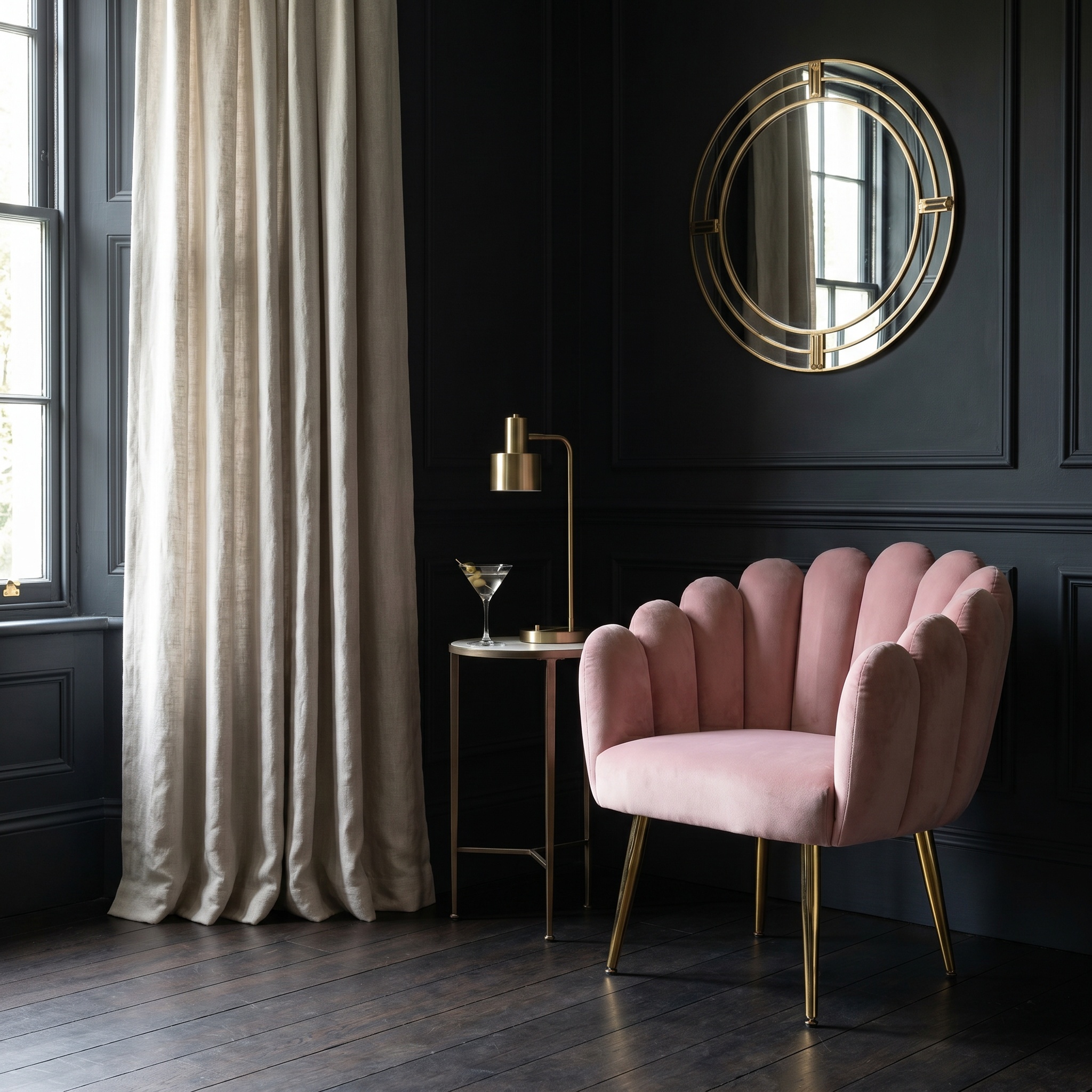 Aurora Art Deco Pink Velvet Scalloped Occasional Chair Gold Legs Shell Armchair Shell Armchair UK
