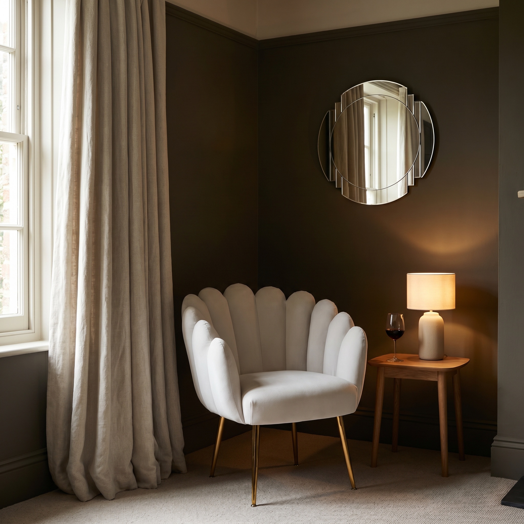Aurora Art Deco Grey Velvet Scalloped Occasional Chair Gold Legs Shell Armchair Shell Armchair UK