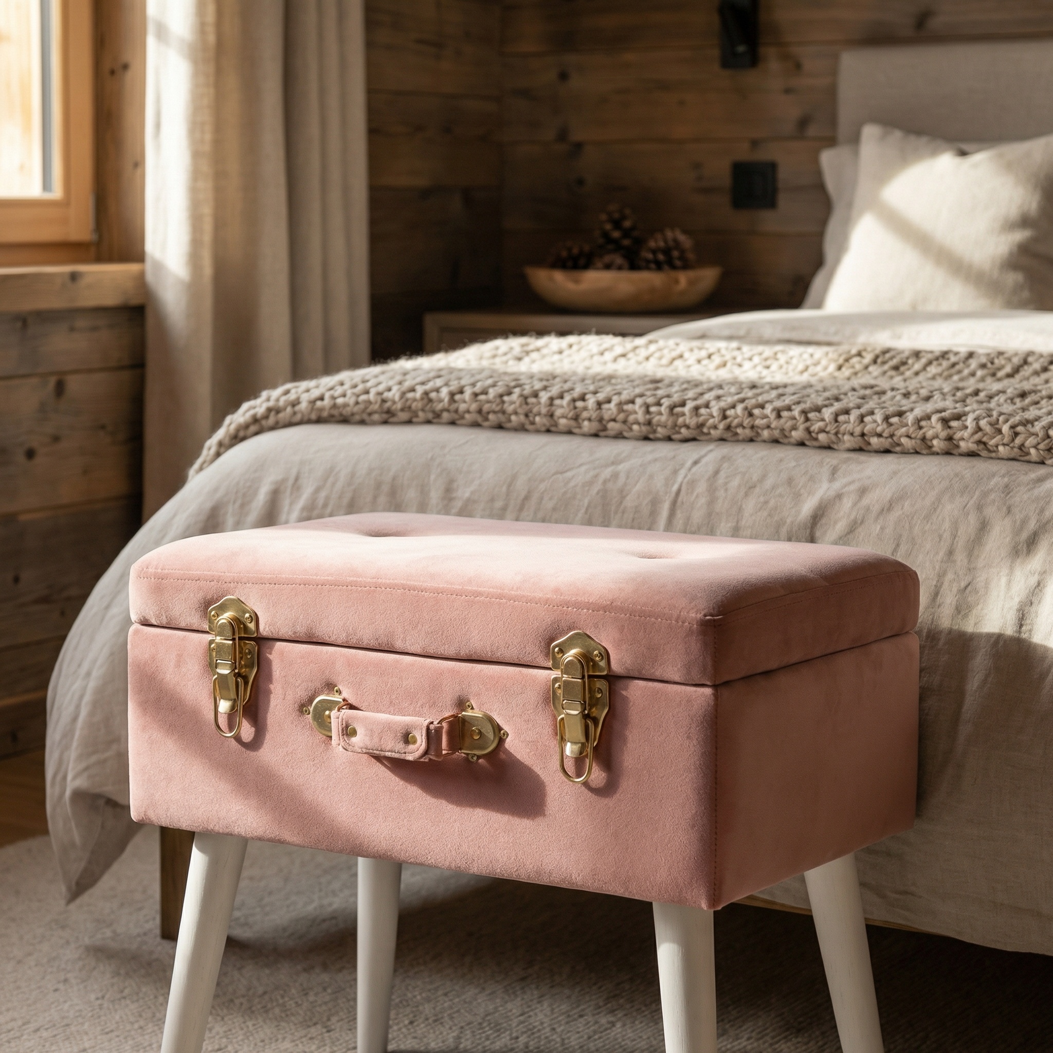 Amour Pink Velvet White Legs Upholstered Suitcase Bedroom Dressing Stool Dressing Stool UK