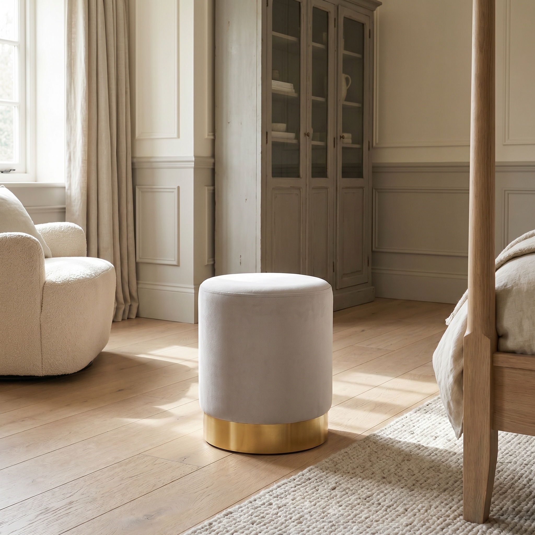 Amour Light Grey Velvet Pouffe Gold Trim Round Stool Ottoman Stool Ottoman UK