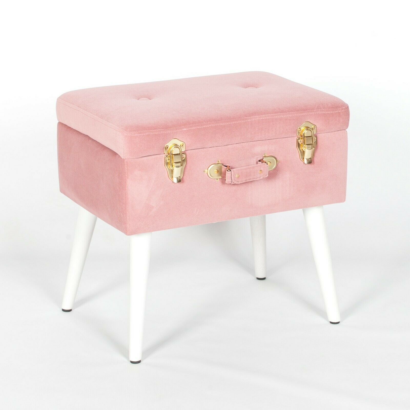 Amour Pink Velvet White Legs Upholstered Suitcase Bedroom Dressing Stool Seconds