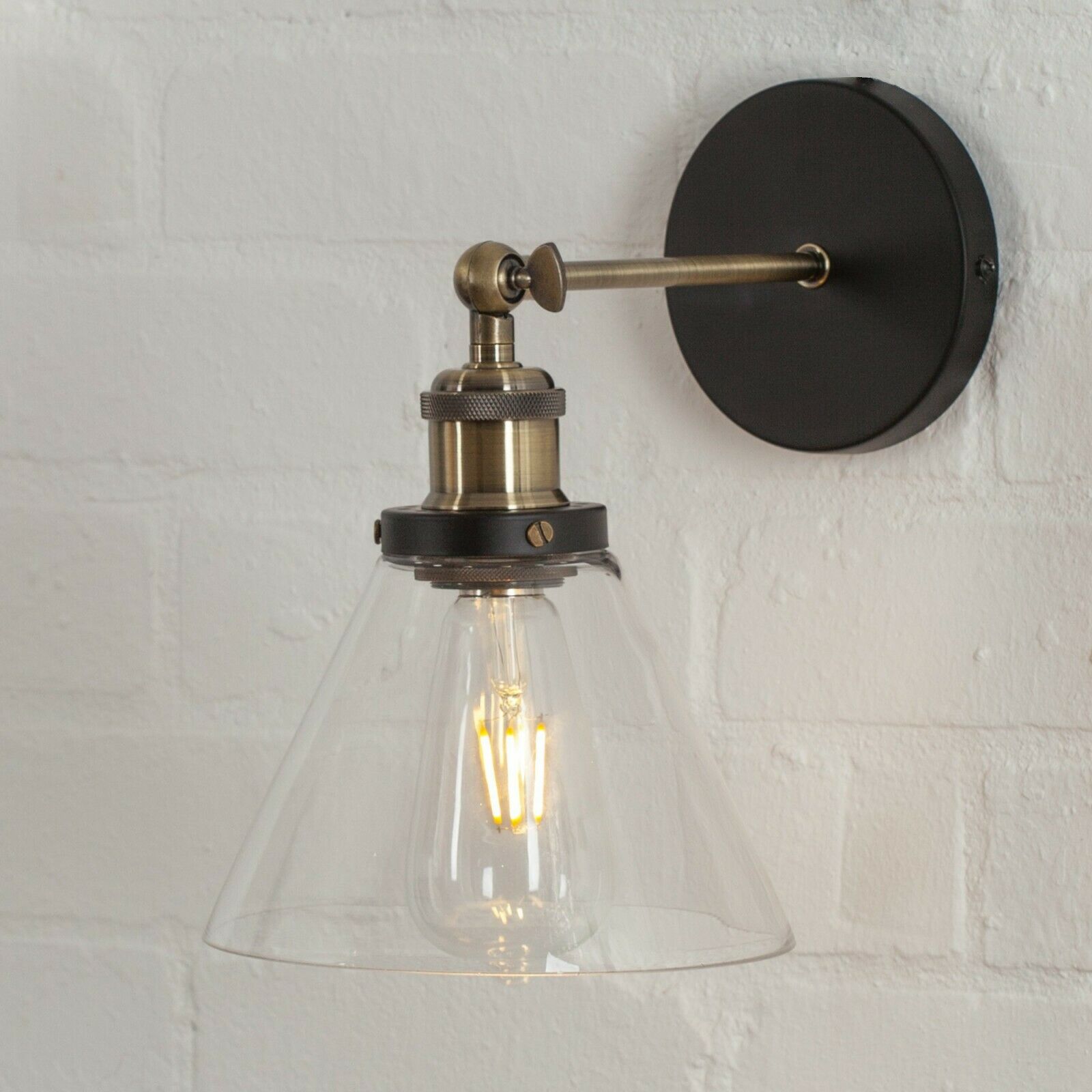 Industrial Factory Black And Brass Wall Light With Glass Shade