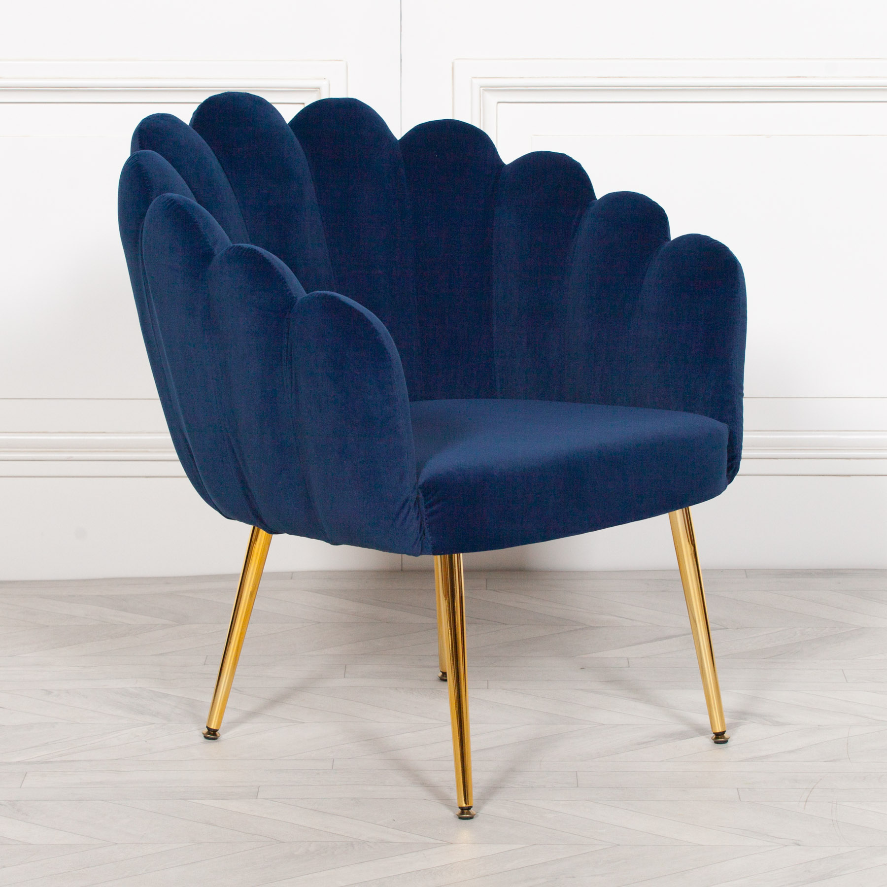 aurora art deco navy blue velvet scalloped occasional chair gold legs shell  armchair