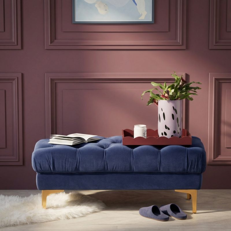 Delphine Navy Blue Velvet Buttoned Ottoman Footstool with Gold Legs Gold Legs UK