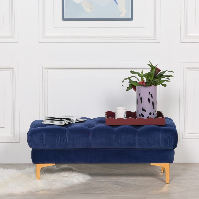 Delphine Navy Blue Velvet Buttoned Ottoman Footstool with Gold Legs Gold Legs UK