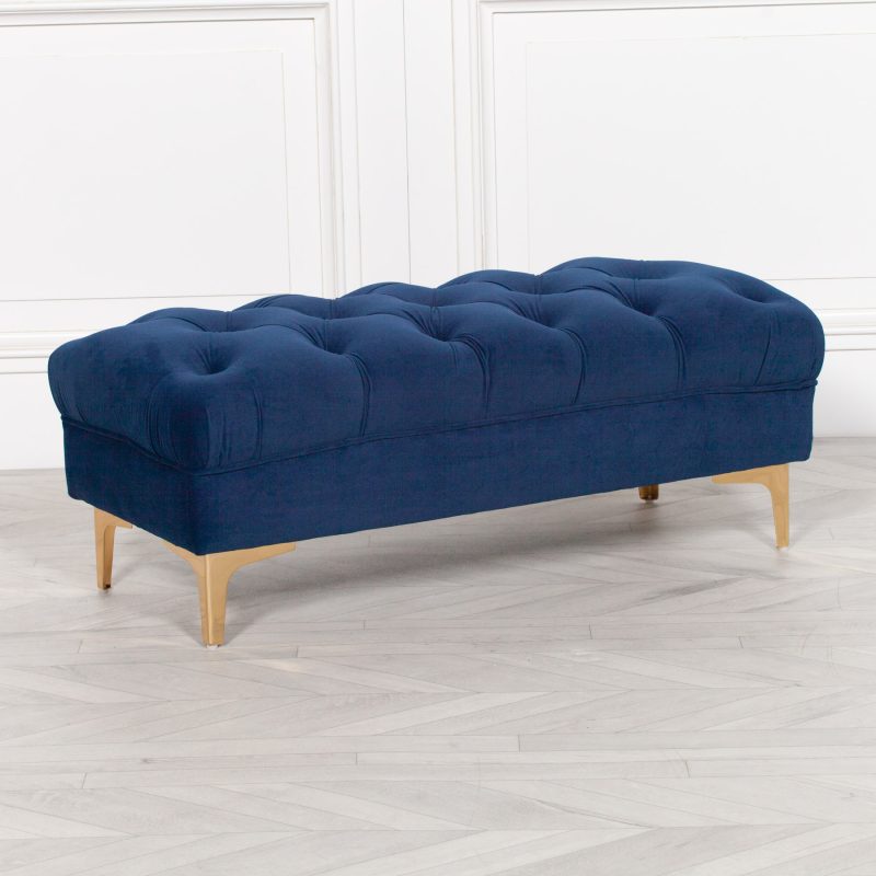 Delphine Navy Blue Velvet Buttoned Ottoman Footstool with Gold Legs Gold Legs UK