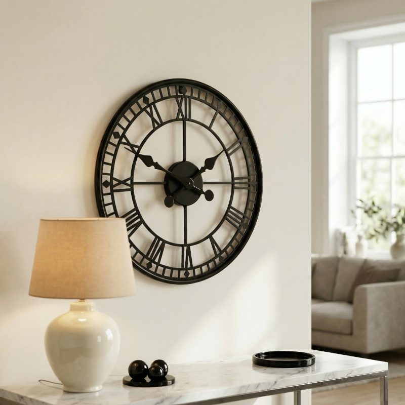 Black Metal Skeleton 55cm Wall Clock With Diamond Motif Diamond Motif UK