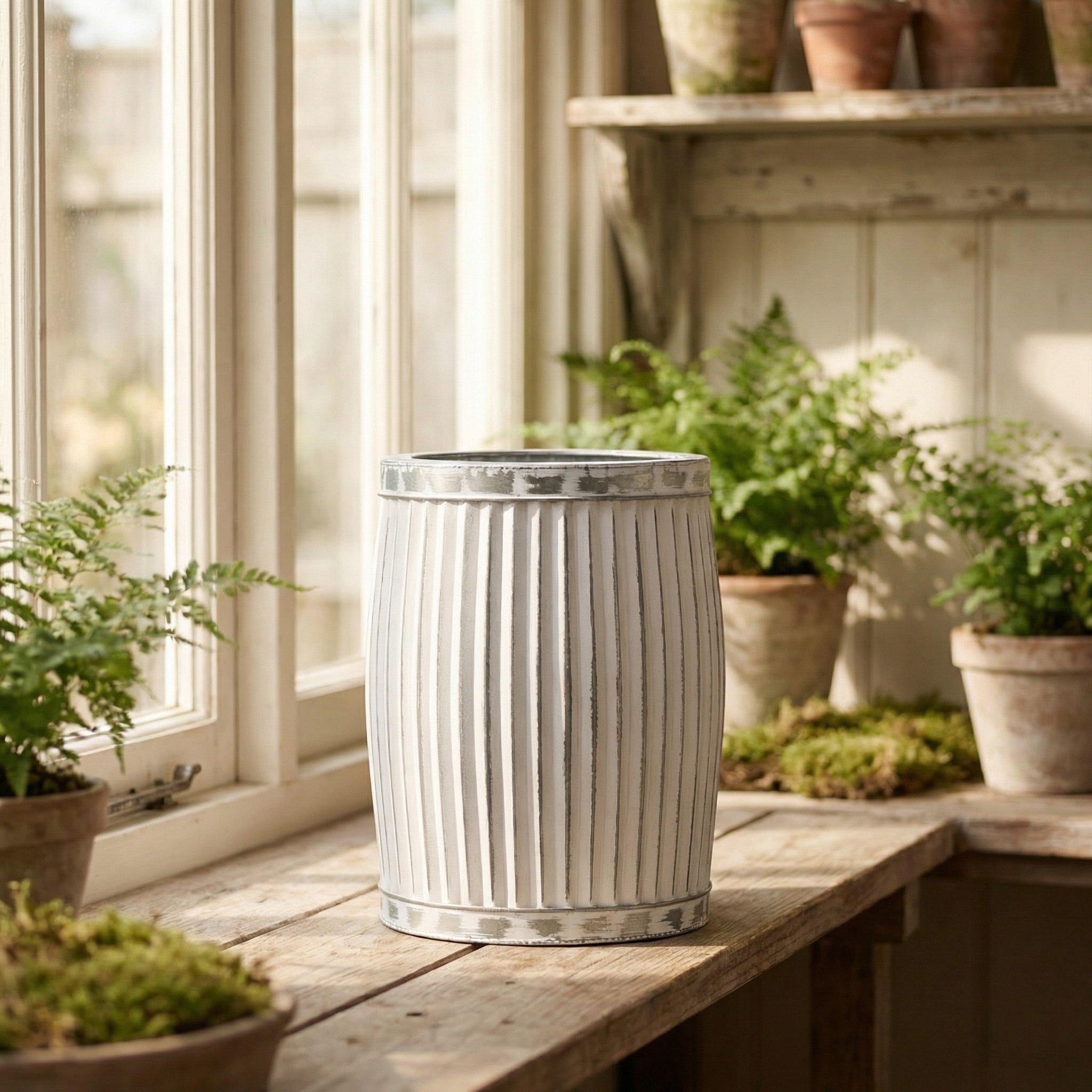 Olivia White Washed Metal Ribbed Round Dolly Tub Planter - Small - Small UK