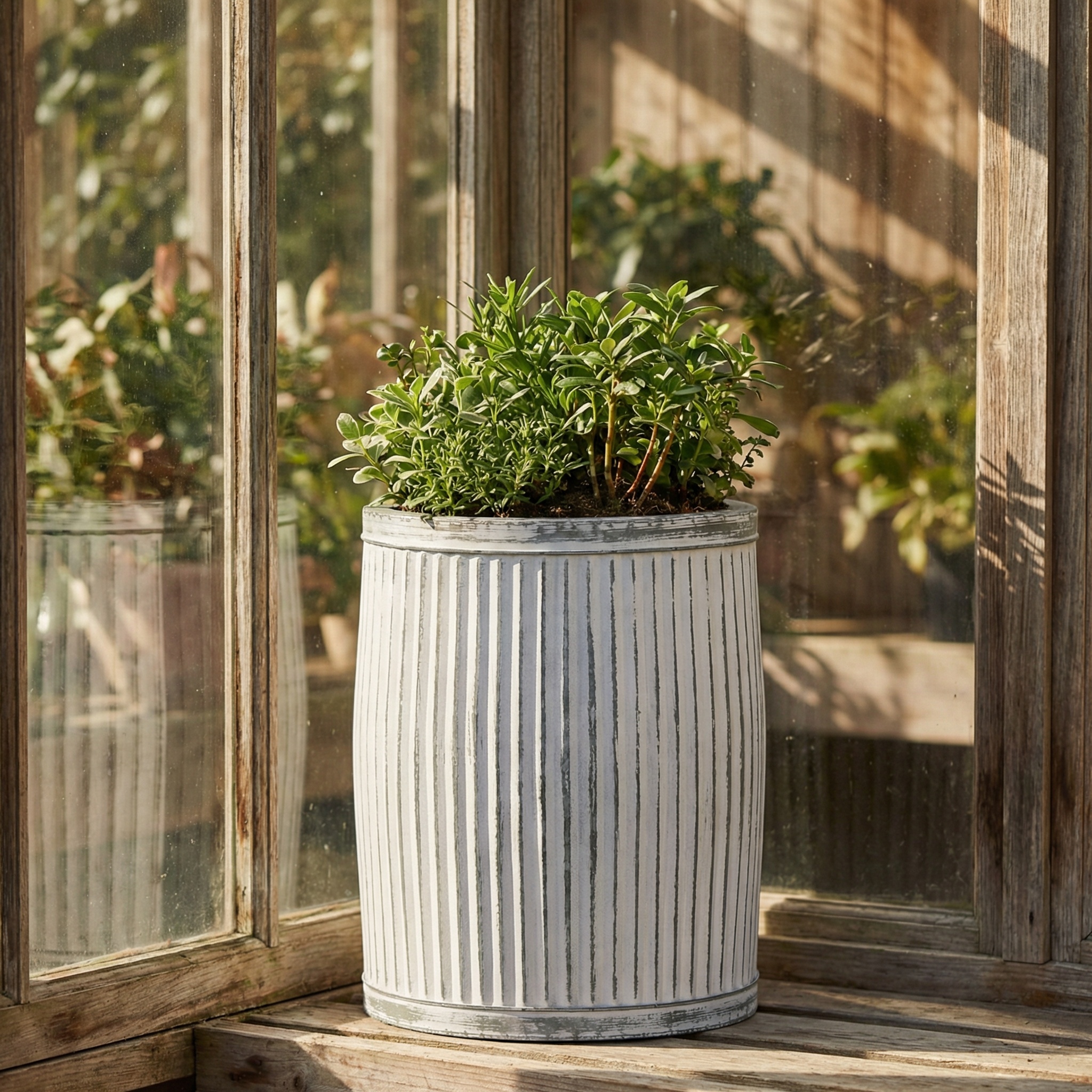 Olivia White Washed Metal Ribbed Round Dolly Tub Planter - Medium - Medium UK