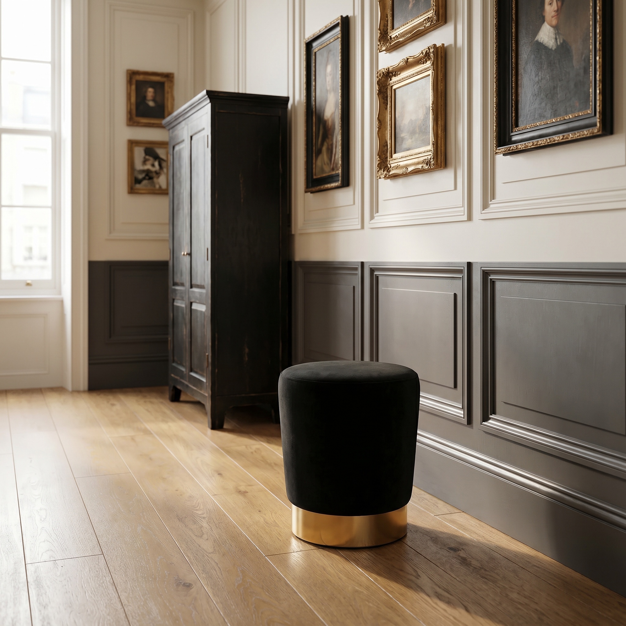 Anthea Black Velvet Gold Trim Round Pouffe Upholstered Stool Upholstered Stool UK