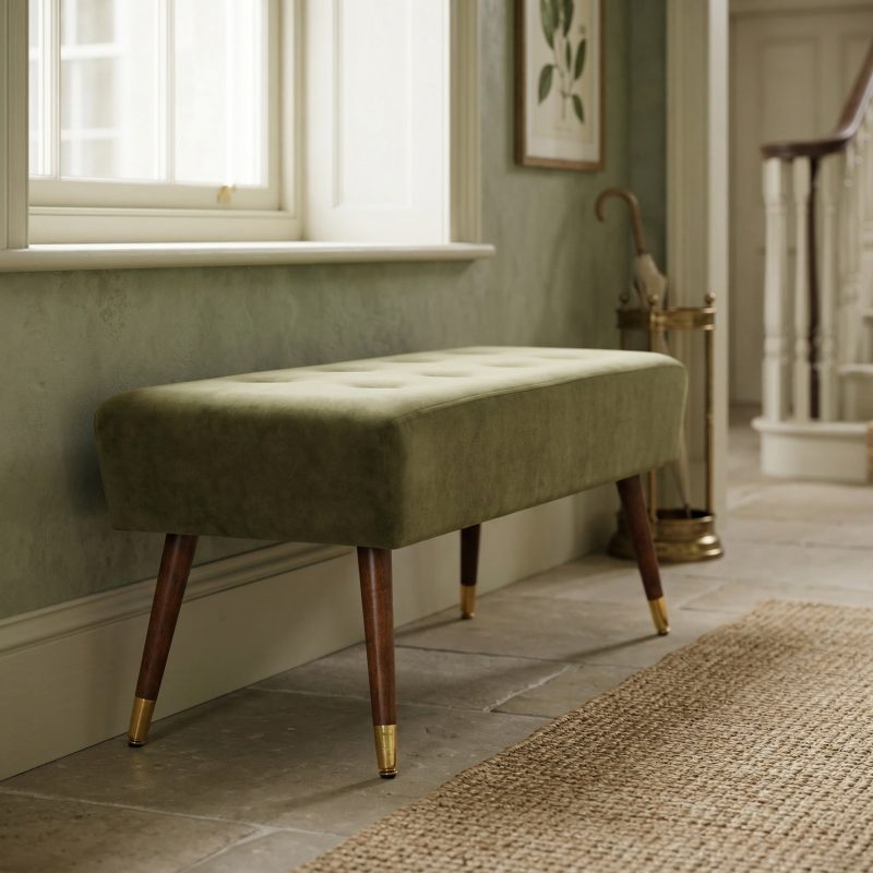 Annalise Olive Green Velvet Buttoned Footstool With Wooden Legs Wooden Legs UK