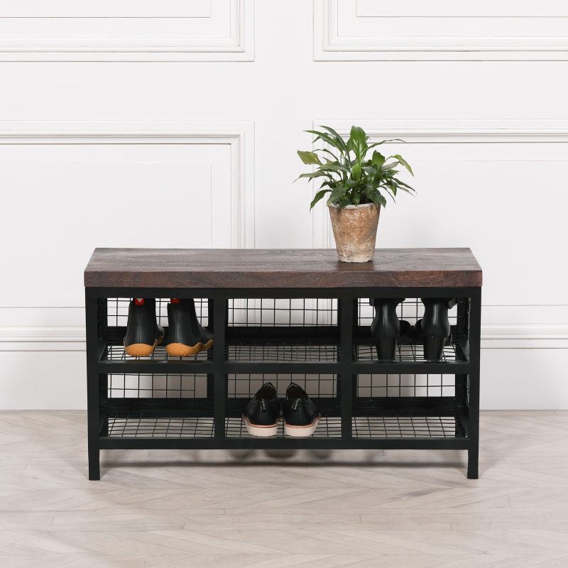 Devi Black Metal Industrial Storage Bench With Wooden Top Wooden Top UK