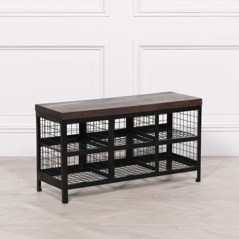 Devi Black Metal Industrial Storage Bench With Wooden Top Wooden Top UK