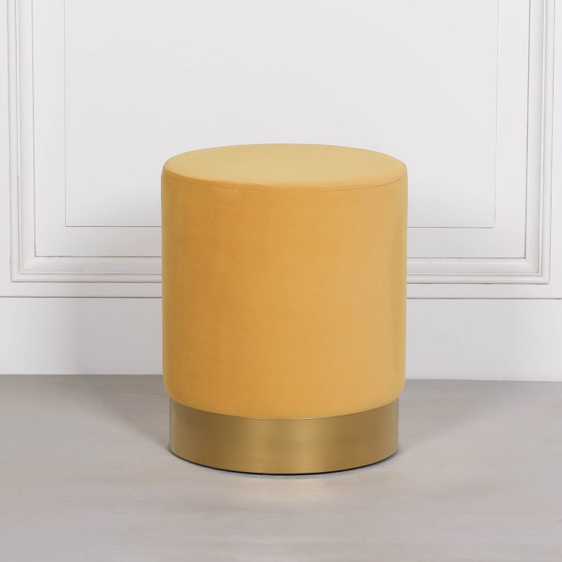 Amour Mustard Yellow Velvet Pouffe Gold Trim Round Stool Ottoman Stool Ottoman UK