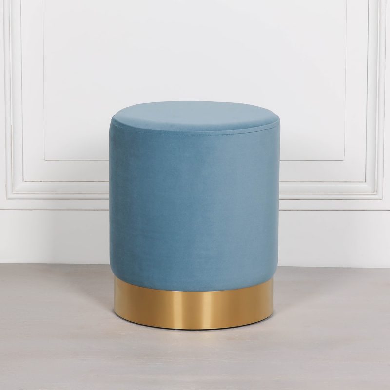 Amour Ocean Blue Velvet Pouffe Gold Trim Round Stool Ottoman Stool Ottoman UK