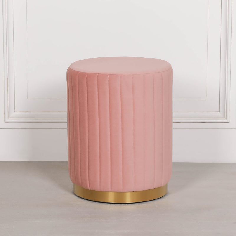 Celina Quartz Pink Ribbed Velvet Gold Trim Round Pouffe Upholstered Stool Upholstered Stool UK