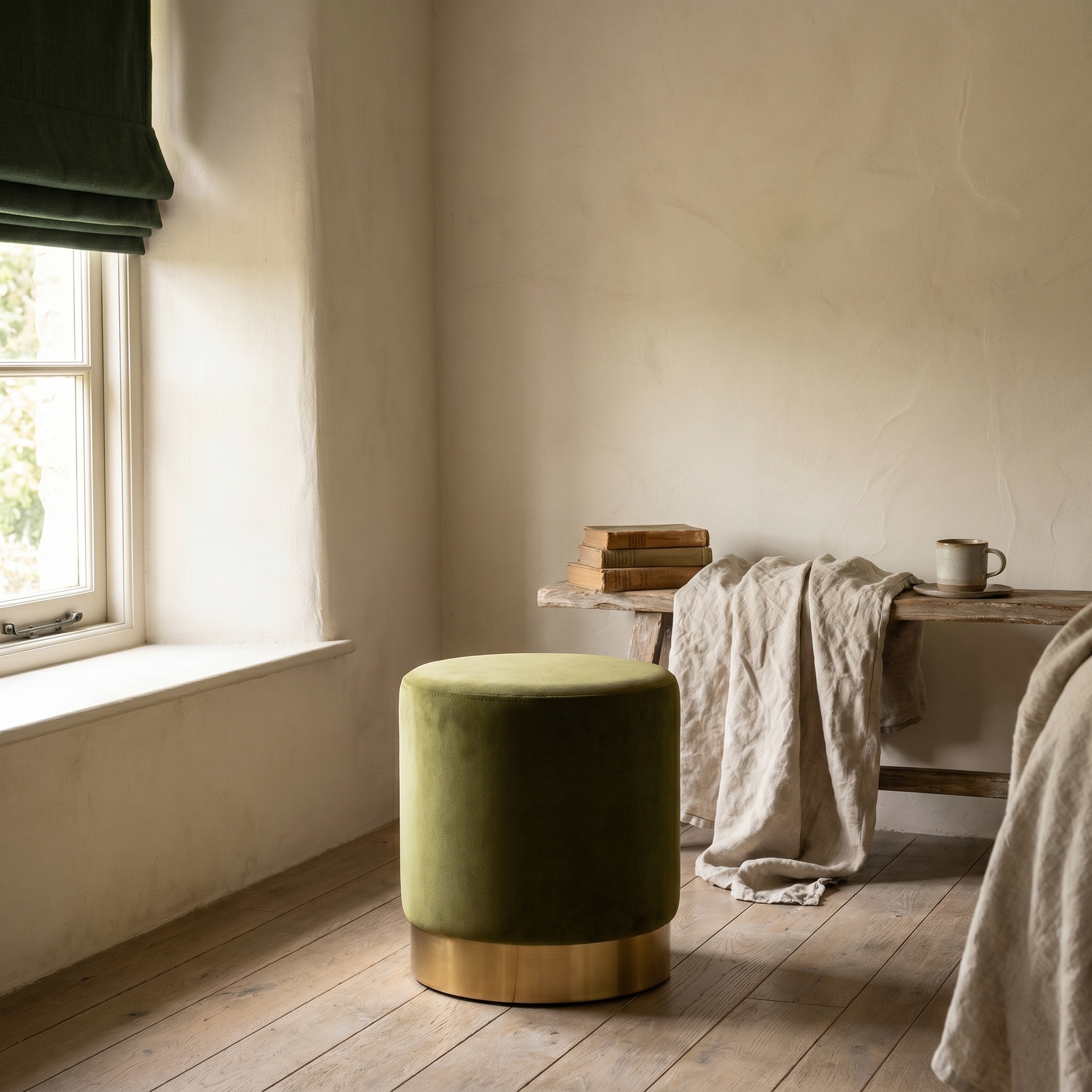 Amour Olive Green Velvet Pouffe Gold Trim Round Stool Ottoman Stool Ottoman UK