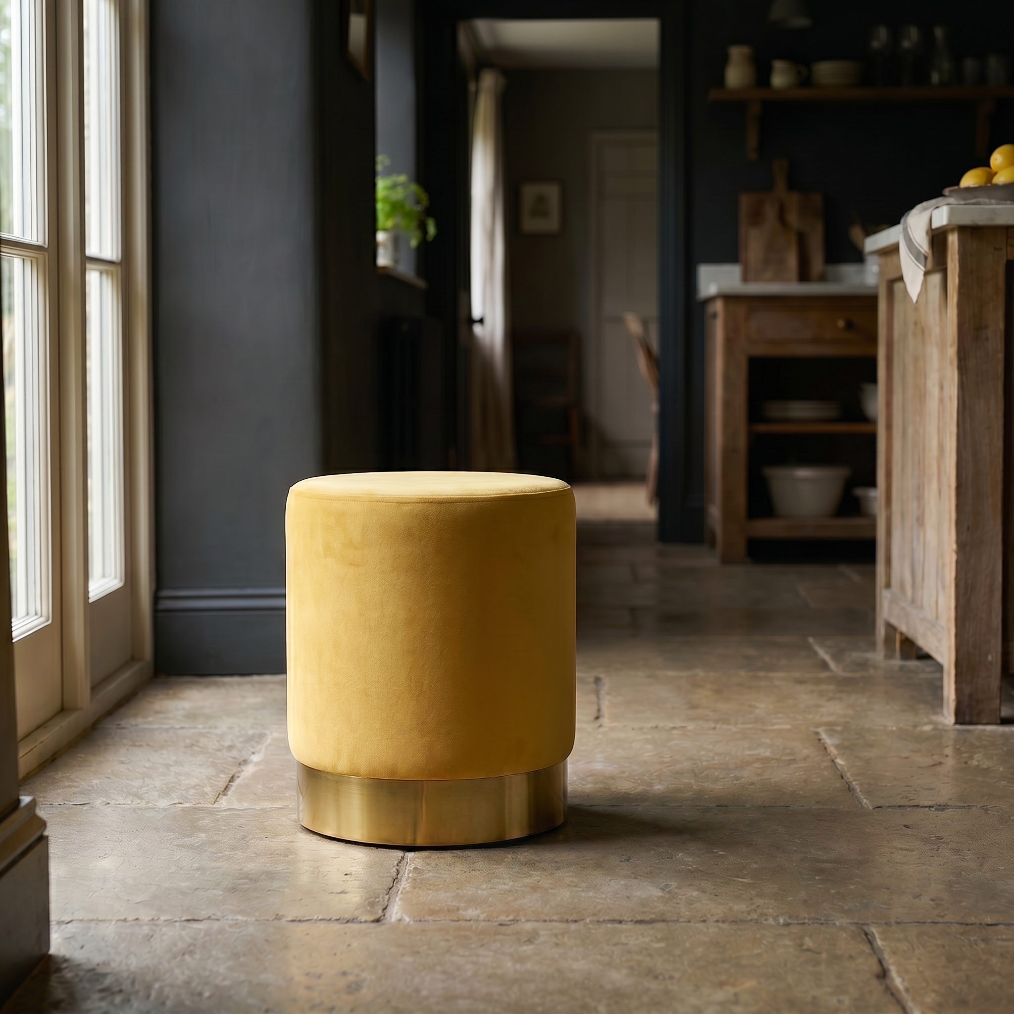 Amour Mustard Yellow Velvet Pouffe Gold Trim Round Stool Ottoman Stool Ottoman UK