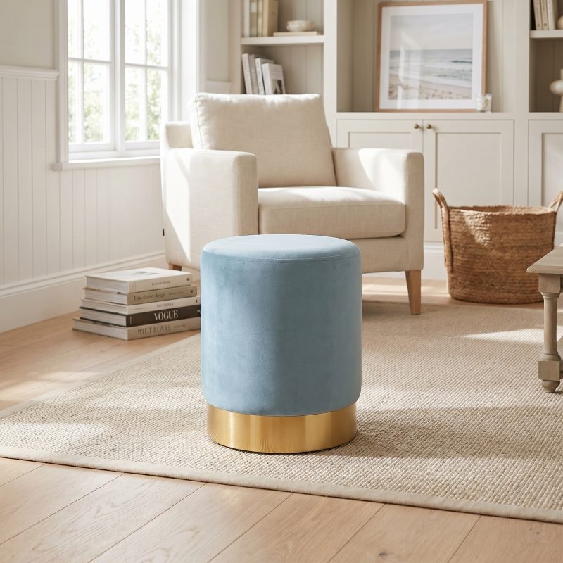 Amour Ocean Blue Velvet Pouffe Gold Trim Round Stool Ottoman Stool Ottoman UK