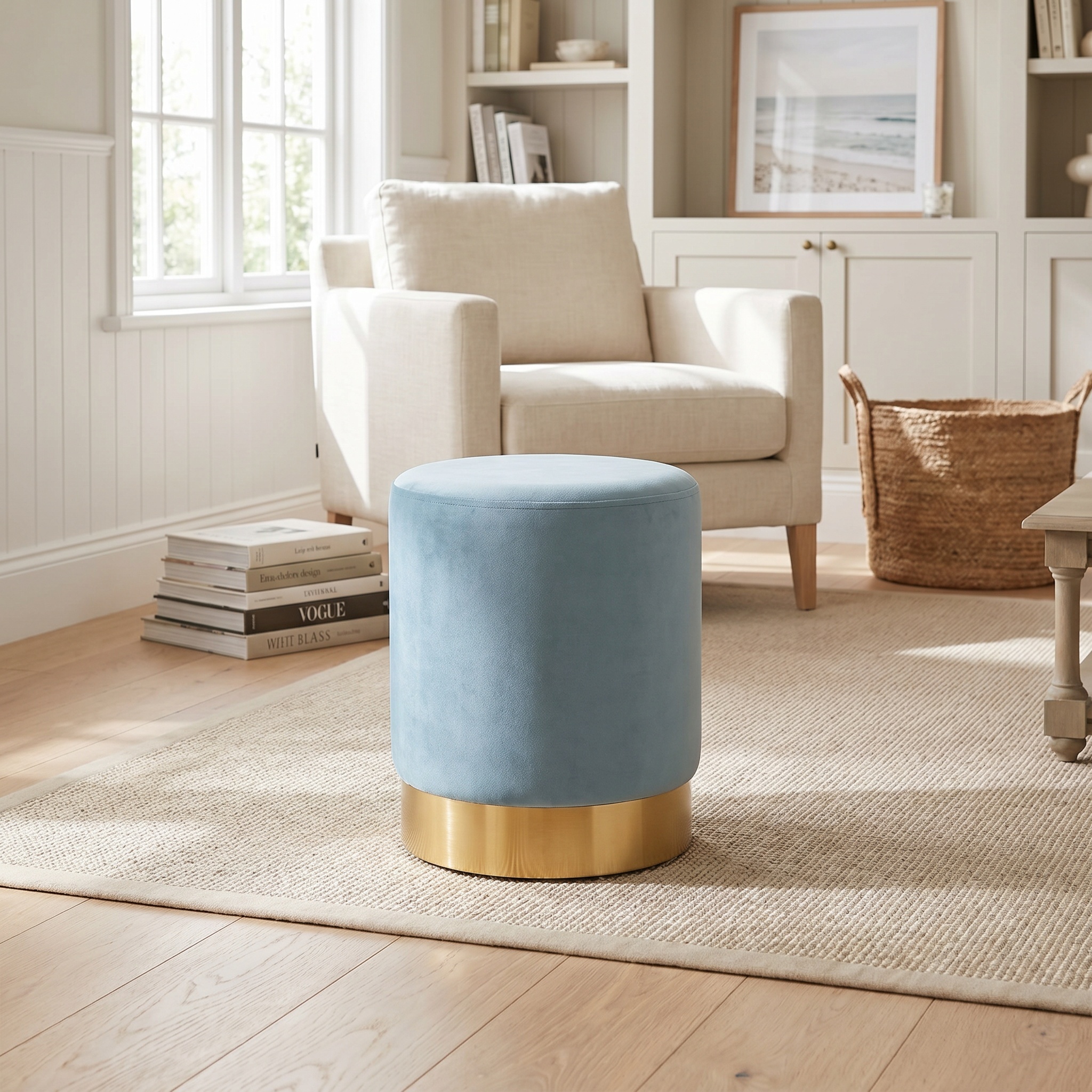 Amour Ocean Blue Velvet Pouffe Gold Trim Round Stool Ottoman Stool Ottoman UK