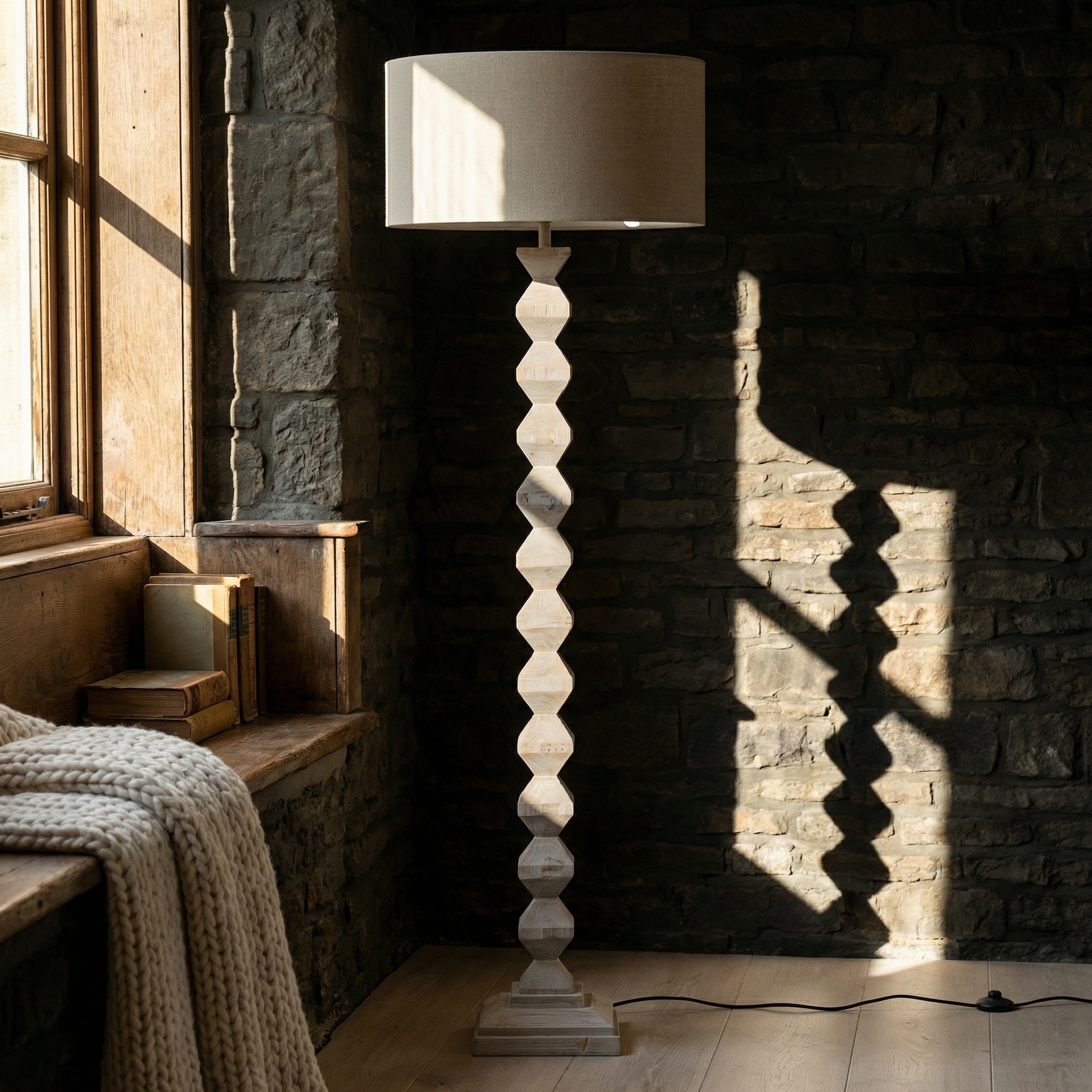 Tamerlaine Rustic Wooden Base Floor Lamp With Linen Shade Linen Shade UK