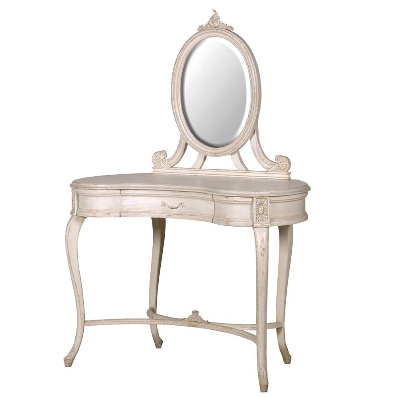 Fleur Aged Ivory Finish Hand-Carved Mahogany French Style Dressing Table With Bevelled-Edged Mirror Bevelled-Edged Mirror UK