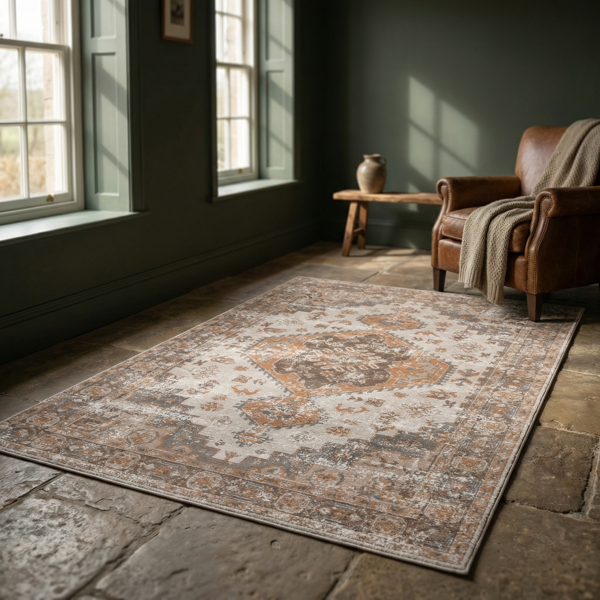 Greige Brown Azami Distressed Traditional Chenille Rug 230x160cm Chenille Rug 230x160cm UK