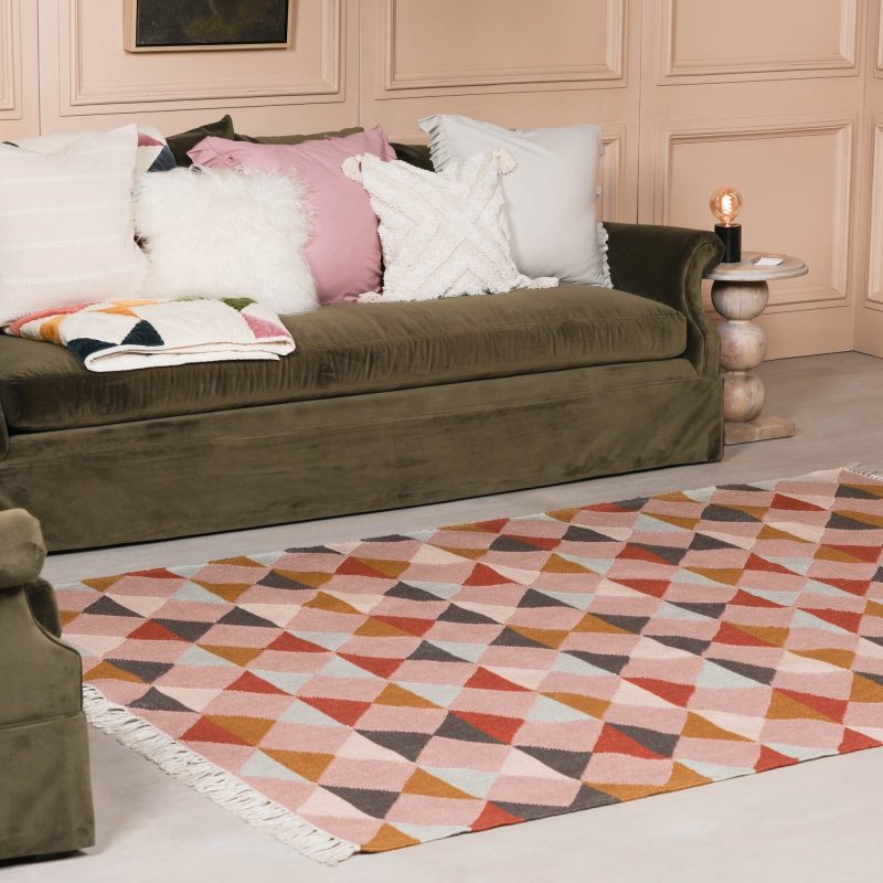 Aletris Pink Geometric Handwoven Rug With Off White Fringe 170x120cm Fringe 170x120cm UK