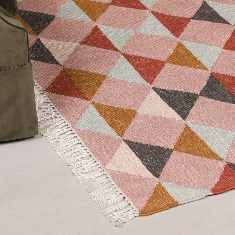 Aletris Pink Geometric Handwoven Rug With Off White Fringe 170x120cm Fringe 170x120cm UK