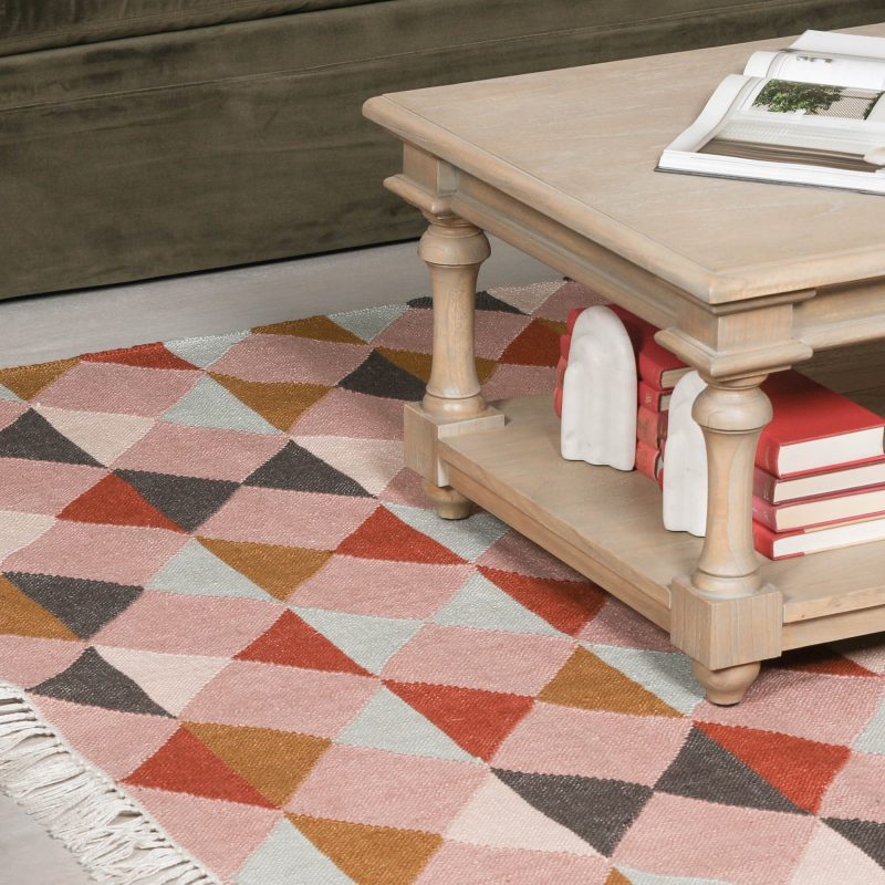 Aletris Pink Geometric Handwoven Rug With Off White Fringe 170x120cm Fringe 170x120cm UK