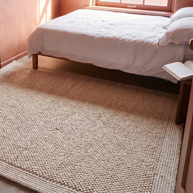 Milo Ivory Chunky Textured Pebble Weave Wool Border Rug 170x120cm Rug 170x120cm UK