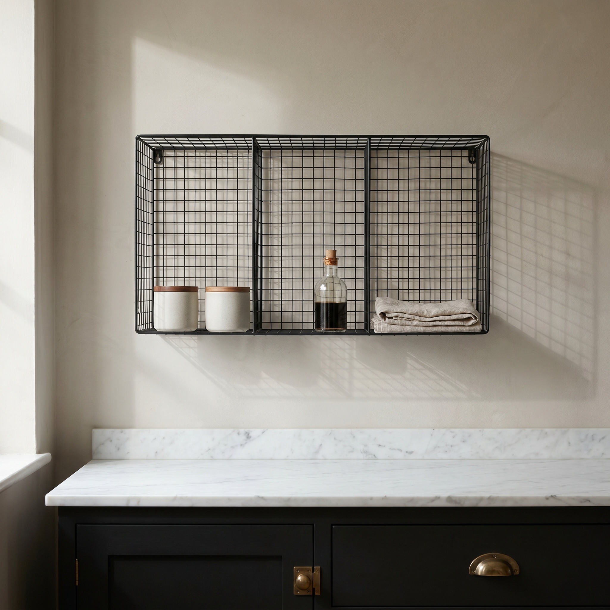 Industrial Metal Wire Large 3 Compartment Black Wall Mounted Shelf Mounted Shelf UK