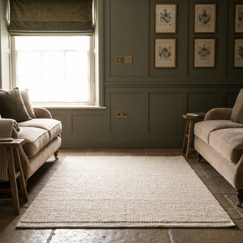 Milo Ivory Chunky Textured Pebble Weave Wool Border Rug 230x160cm Rug 230x160cm UK