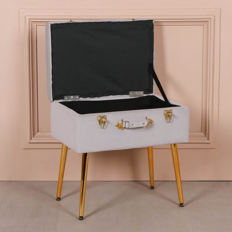 Amour Light Grey Velvet Gold Legs Upholstered Vanity Suitcase Bedroom Dressing Stool Dressing Stool UK