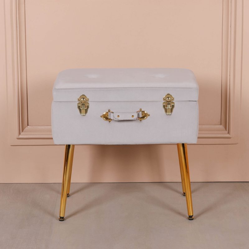 Amour Light Grey Velvet Gold Legs Upholstered Vanity Suitcase Bedroom Dressing Stool Dressing Stool UK