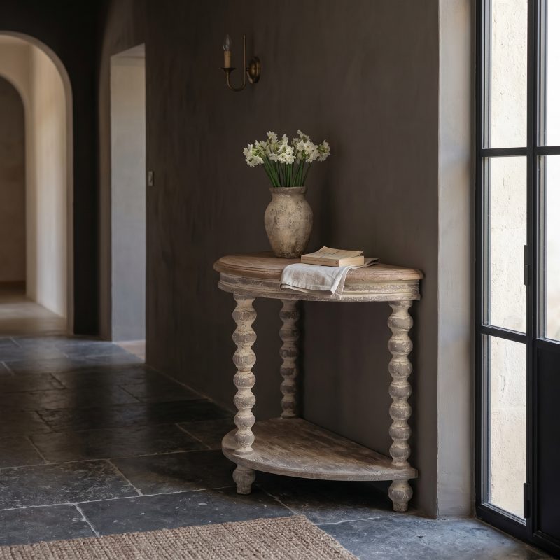 Weathered Fir Wood Half-Moon Console Table with Turned Bobbin Legs Bobbin Legs UK